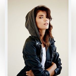 We The Free Distressed Hooded Vegan Leather Moto Jacket